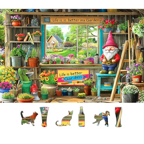 Garden Shed Scene 500 Piece Puzzle for Adults Gardening Tools Whimsical Garden Gnome Vibrant Flowers Decor Jigsaw Puzzle Fun Family Puzzles Gift for Adults Seniors（ 23"x15"） - color: Garden Shed Scene