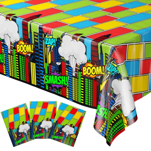 Blue Orchards Comic Superhero Table Covers (Pack of 3) - 54"x108" XL - Super Hero Tablecloth for Parties Decoration, Durable Disposable Waterproof Plastic Table Cloth, Boy Birthday Party Supplies - color: Comic Superhero (Pack of 3)