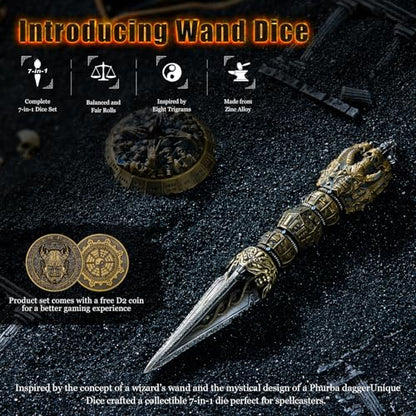 Unique Metal Wand Dice Set Seven as one with Bagua Spinner - Heavy Zinc Alloy RPG Dice Tower Alternative, Complete Polyhedral Set D20 D12 D10 D8 D6 D4 D100 for DND Gifts with one D2 coin (brass) - color: Brass
