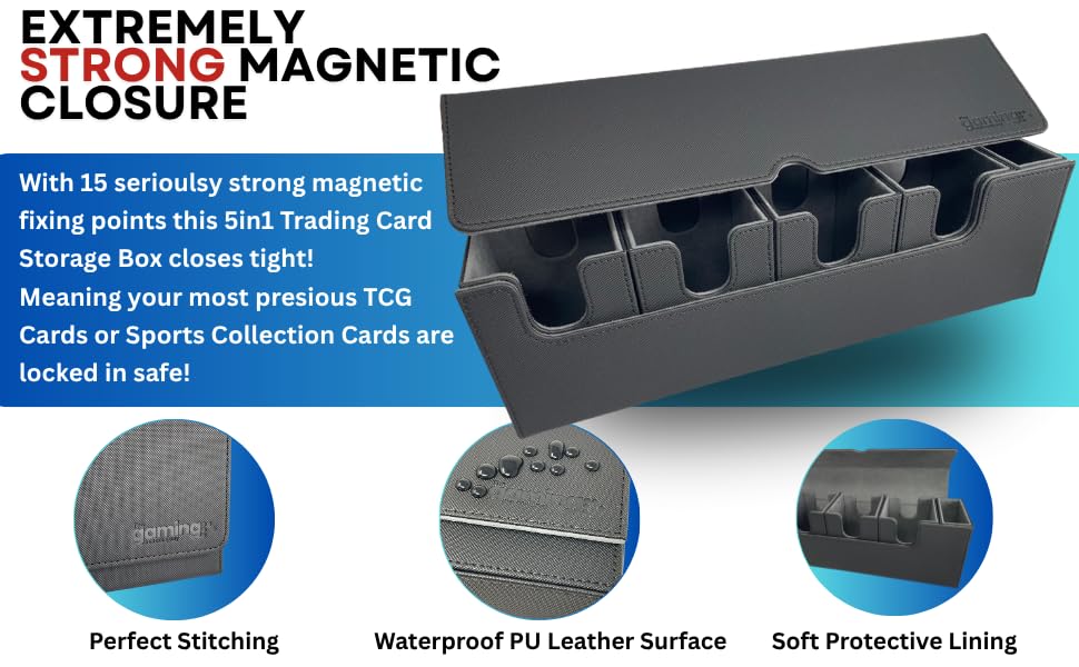 5 in 1 Trading Card Deck Box with 4 Card Holders and Dice Tray PU Leather Strong Magnetic Closure Storage Case Fits 800+ Unsleeved Cards for MTG YuGiOh Pokemon and Sports Cards