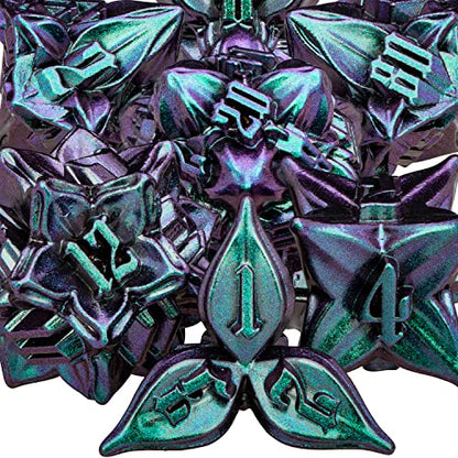 ARUOHHA DND Metal Dice Set Purple Green Leaf Design Polyhedral Dragons Dice with Box, 7PCS Dungeons D and D Dice Compatible with D&D RPG Role Playing Games D20 D12 D10 D8 D6 - color: Purple Green