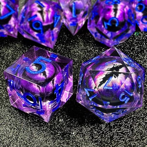 HAOMEJA Resin Dragon Eye DND Dice Set D&D 7 Pcs Resin Sharp Edge Role Playing Dice with Bag, Polyhedral Dungeons and Dragons Dice D20 D12 D10 D100 D8 D6 D4 (Purple & Eye Purple) - color: 7 Eye Purple & Purple