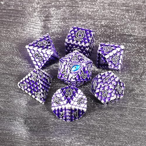 Metal Dice Set D&D,7 PCS Dragon Scale Metallic DND Dice Set,Dragon Eye Metal Dice with Grogeous Gift Case for Dungeons and Dragon Tabletop Game (Purple Dragon Scale & Blue Eye) - color: Purple Dragon Scale & Blue Eye