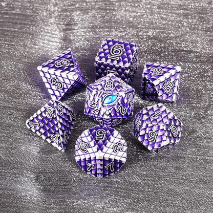 Metal Dice Set D&D,7 PCS Dragon Scale Metallic DND Dice Set,Dragon Eye Metal Dice with Grogeous Gift Case for Dungeons and Dragon Tabletop Game (Purple Dragon Scale & Blue Eye) - color: Purple Dragon Scale & Blue Eye