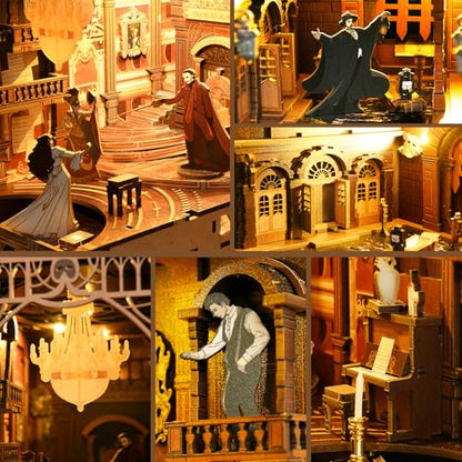 MiniCity Phantom of the Opera DIY Book Nook Kit, Bookshelf Insert with LED | 7.1 x 4.3 x 9.1 in; 186 pieces, LED and dust cover; glue/tools and guide included; 6-8 hr DIY build for display, ages 14+. - style: Phantom of The Opera