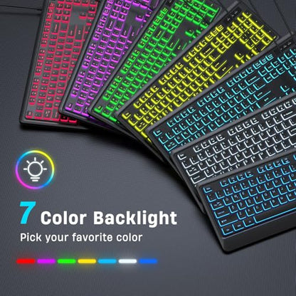 Luzarriba Backlit Computer Keyboards, Wired USB LED Keyboard with 7 Colors Backlight, Plug and Play, Waterproof, Full Size Quiet Computer Keyboard for Windows Desktop, PC, Laptop, Gaming - size: Medium