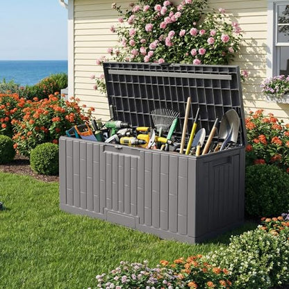 Jocoevol Deck Box 100 Gal, UV Resistant & Waterproof Outdoor Storage Box with Lock, Easy Assemble Storage Bins Container for Pool Patio Garden - size: 100Gal