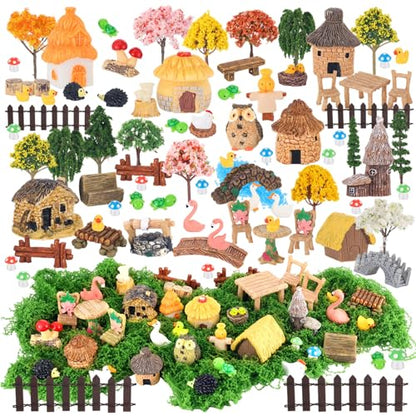 84 Pcs Fairy Garden Accessories, Miniature Village Starter Kit with Moss Model Tree Tiny Resin Animal Figures, DIY Bonsai Micro Landscape Ornament for Terrarium Succulent Dollhouse Craft