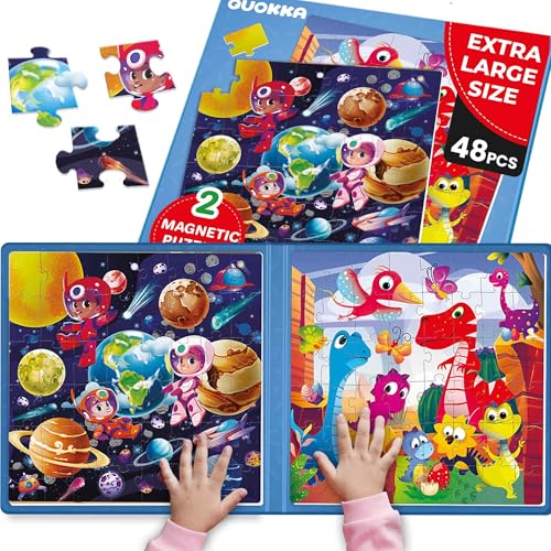 QUOKKA Magnetic Puzzles for Toddlers 3-5 – 2x48 Pieces Travel Games for Kids Ages 2-4 – Dinosaur Magnetic Puzzles for Kids Ages 4-8 – Space Learning Puzzle Gift Toy for Boys and Girls - color: 48 Pcs Cosmo and Dino