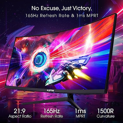 Sceptre 34-Inch Curved Ultrawide WQHD Monitor (3440 × 1440), R1500, up to 180Hz/165Hz, DisplayPort x2, 99% sRGB, 1ms, Built-in Speakers, Machine Black, 2025 (C345B-QUT168) | 34 Va 1500r Curved Wqhd, 1ms Mprt, 99% Srgb, Dp1.4×2, Hdmi2.0×2, Built-in 2×3w Sp