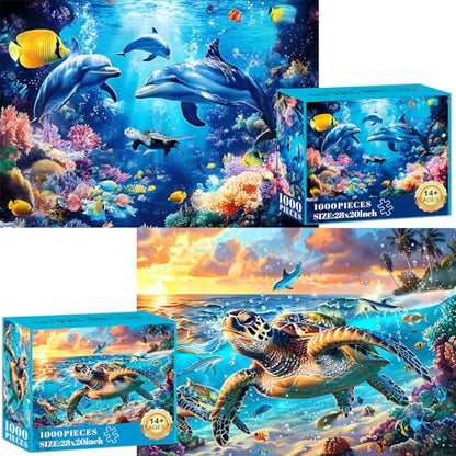 2 Pack Puzzles for Adults 1000 Pieces-Sea Turtle & Dolphins Difficult Jigsaw Puzzles for Adults,Hard Jigsaw Puzzle Decorations DIY Leisure Game Toy Suitable Family Friends(27.5x20 inches) - style: Sea Turtle & Dolphins