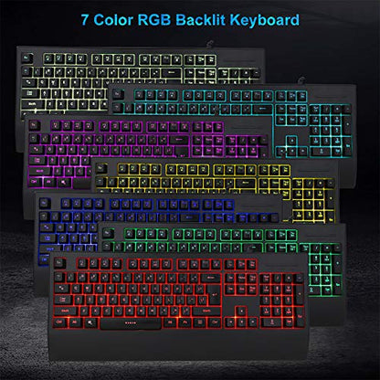 MFTEK RGB Rainbow Backlit Gaming Keyboard, XXL Extended Large Gaming Mouse Pad, LED Lighted Wired Gaming Mouse, Programmable Gaming Keyboard and Mouse Combo for Working