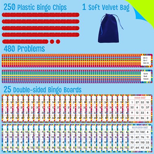 SpriteGru Multiplication & Division Bingo Game, 480 Math Problems, 2 Educational Math Board Game for Kindergarten and Preschool Kids 4-8, Perfect for Classroom & At Home (Up to 25 Players) - style: 25 Pcs Multiplication & Division Bingo Game