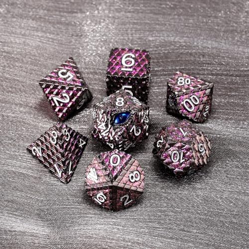 Metal Dice Set D&D,7 PCS Dragon Scale Metallic DND Dice Set,Dragon Eye Metal Dice with Grogeous Gift Case for Dungeons and Dragon Tabletop Game (Glitter Purple Dragon Scale & Blue Eye) - color: Glitter Purple Dragon Scale & Blue Eye