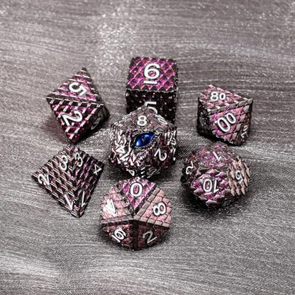 Metal Dice Set D&D,7 PCS Dragon Scale Metallic DND Dice Set,Dragon Eye Metal Dice with Grogeous Gift Case for Dungeons and Dragon Tabletop Game (Glitter Purple Dragon Scale & Blue Eye) - color: Glitter Purple Dragon Scale & Blue Eye