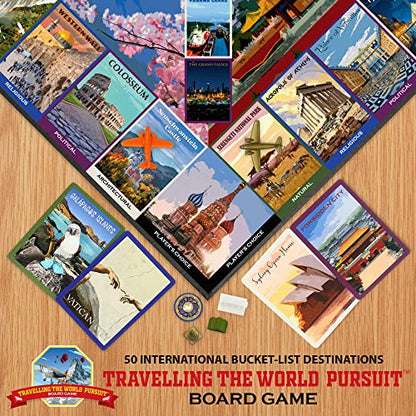 Funwares Travelling the World Pursuit Trivia Board Game, 2-6 Players | 300 Trivia Cards in 4 Categories: Political, Natural, Architectural & Religious, 30-60 Minutes, Family Night, Ages 8+