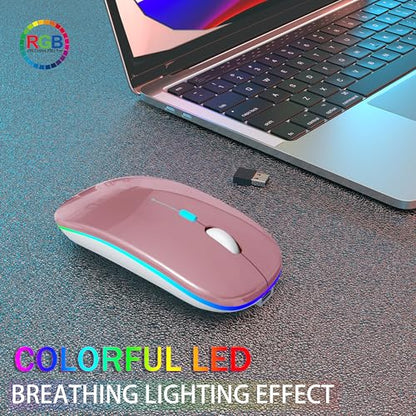 AIKOKOK Wireless Bluetooth Mouse, Rechargeable, Dual Mode Bluetooth 5.2 & 2.4G USB, LED Lights, Slim, Silent, Portable Computer Mouse for Laptop, PC, MacBook, iPad, Tablet (Rose Gold) | BT 5.2 & 2.4G USB Receiver, 3 Adjustable DPI,LED Lights,Slim,Silent,P