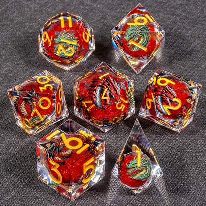 KERWELLSI Liquid Core Dragons Pattern Dice, Resin DND Dice Set with Gift Box, Red and Gold Sharp Edged Dungeons D&D Dice, Role Playing Game Dice D20 D12 D10 D8 D6 D4