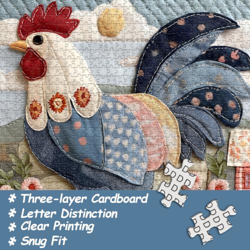 Funny Chicken Puzzles for Adults 1000 Pieces, Quilt Farm Jigsaw Puzzle | Flower Rooster Puzzle, Beautiful Floral Patchwork Chicken Home Wall Decor