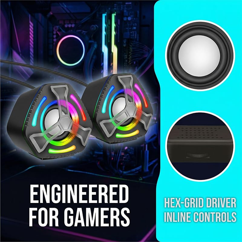 1 Pair Computer Speakers, Portable Mini PC Speakers, Desktop Gaming Speaker with Subwoofer, RGB Colorful Lights, Dual Volume, USB Powered, 3.5mm Aux Input, Stereo Surround Sound