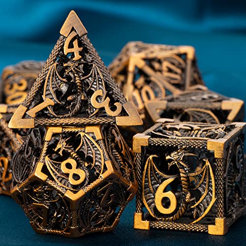 ARUOHHA Hollow DND Metal Dice Set Ancient Gold Dragons D and D Dice, RPG Role Playing Games Dungeons Polyhedral Dice with Gift Box D20 D12 D10 D8 D6 D4 - color: Ancient Gold