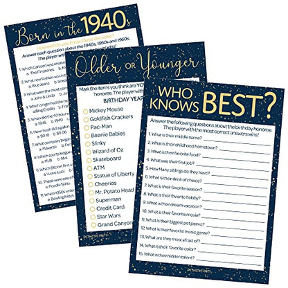 Navy and Gold 80th Birthday Games Set, Born in the 1940s, 20 Guests | 5" x 7" Dual-Sided Cards, Who Knows Best, Older or Younger, and 1940s Trivia Games, Answer Keys Included - color: Blue Gold