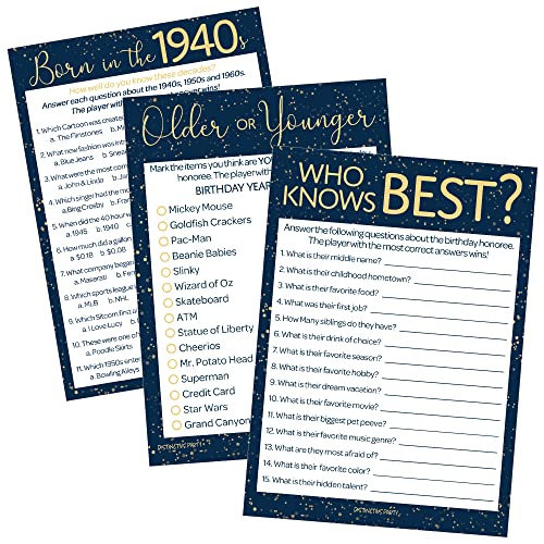 Navy and Gold 80th Birthday Games Set, Born in the 1940s, 20 Guests | 5" x 7" Dual-Sided Cards, Who Knows Best, Older or Younger, and 1940s Trivia Games, Answer Keys Included - color: Blue Gold