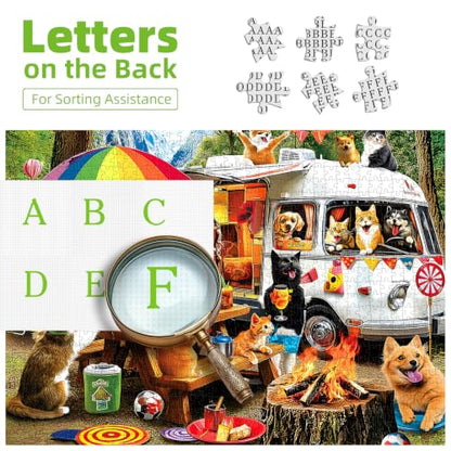500 Piece Jigsaw Puzzles for Adults Funny Cats and Dogs Camping Adventure Adult Puzzles with Letters on Back Animal RV Campfire Scene Family Relax Puzzle for Seniors 23x15 Inch - color: Cats and Dogs
