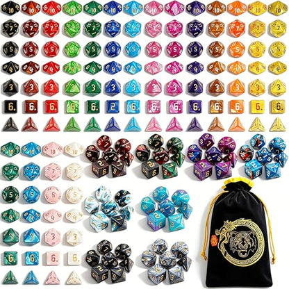 CiaraQ Polyhedral Role Playing Dice with Drawstring Storage Pouch | 26 acrylic dice sets – 182 pcs total, 7 per set (D4-D20). Lightweight & durable. Great for D&D & tabletop games. Ages 14+. - color: 26 Colors -Sickle Font