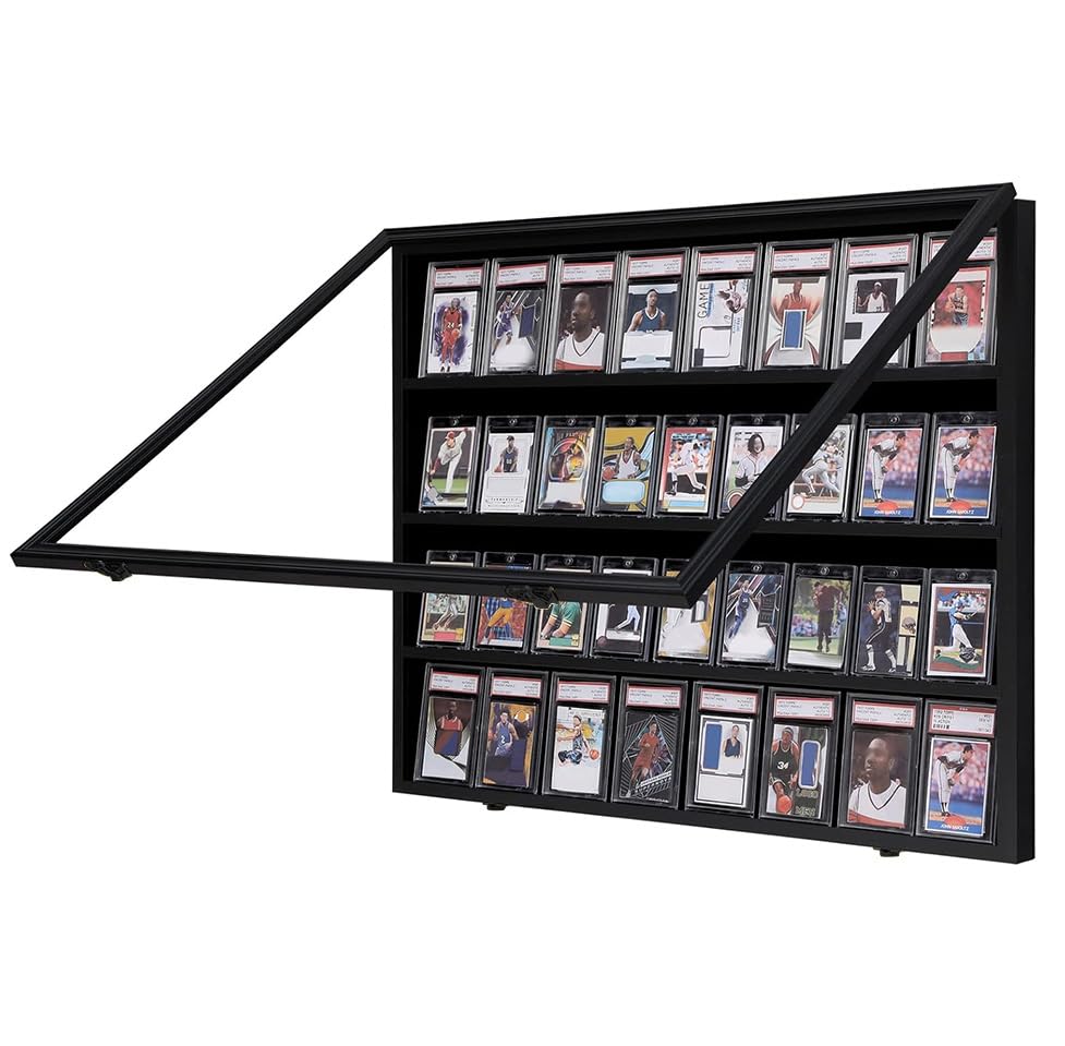 VERANI 36 Graded Sports Baseball Card Display Case Wall Mount Black | Lockable Trading Card Wall Cabinet,98% UV Block Acrylic Panel,Premium Wood Frame,Vertical Wall Mount Only - size: Large-Horizontal-Black-BlackLock