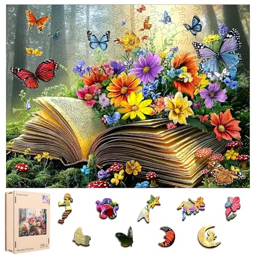 Mocfesk Wooden Puzzles for Adults, Book Wood Puzzles 500 Pieces | Unique Shaped Butterfly Flower Jigsaw Puzzles for Adults and Kids, Birthday Gifts Fun Family Game 18.9 x 14.2 in - color: Flower Book, size: Large