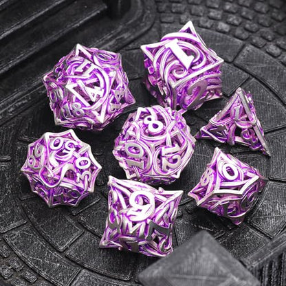 FONVGOGO Metal DND Dice Set of 7 for Dungeons and Dragons Hollow Polyhedral Metal Vine Dice Set DND with Case Role Playing D and D RPG Dice for Tabletop Games Ttrpg (Vine White Purple) - color: Vine White Purple