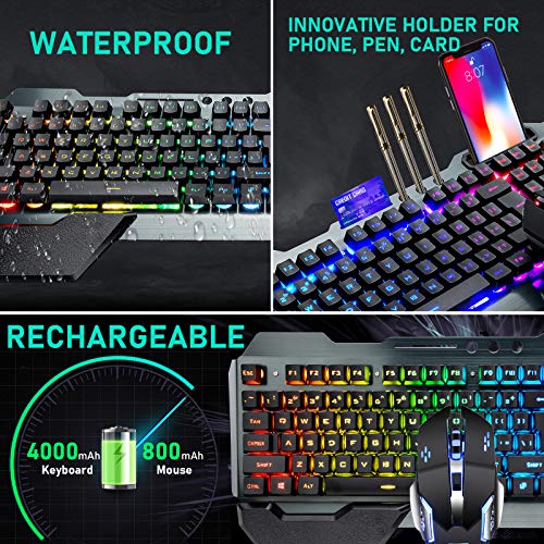 Wireless Membrane RGB Gaming Keyboard and Mouse with Rainbow Backlit-Black | Rechargeable 4800mAh Battery,Metal Panel,Ergonomic,Waterproof,Dustproof,7 Color Mute 2400 DPI Mice for Computer PC Mac Gamer - color: Black RGB