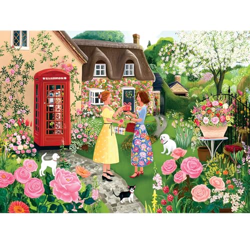 300 Piece Puzzles for Adults,Cottage Garden Puzzle for Adult Kids Seniors,Large Piece Woman Date Chat Puzzle for Kids Ages 8-10 10-12,Floral Red Phone Booth Puzzles Perfect for Game Night,20.5x15 in - color: Cottage Garden