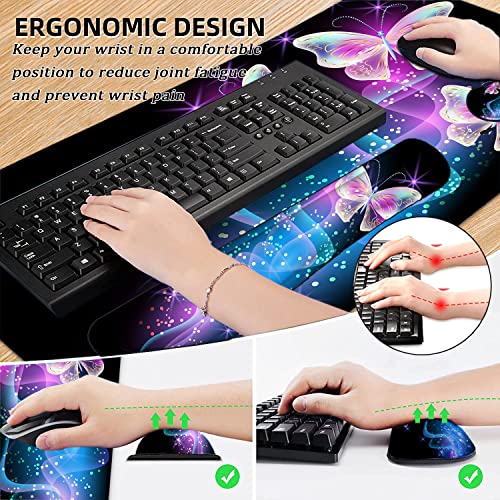 Large Mouse Pad with Wrist Rest, 4-in-1 Wrist Rest for Keyboard and Mouse | Non-Slip Waterproof Desk Mat Set, 35.4"x15.7" Desk Mat+Keyboard Wrist Rest+Mouse Wrist Support+Cup Coaster for Home Office - color: 4Pcs-Butterfly