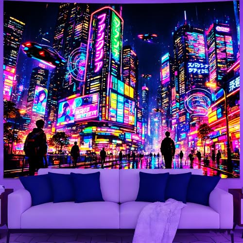 KKYEJLQYIUV Reactive Tapestry, Black Light Neon Wall Tapestry, Luminous Space Tapestry, Bedroom, Living Room, Game Room Decoration Large Tapestry, Cyber City - color: City-3