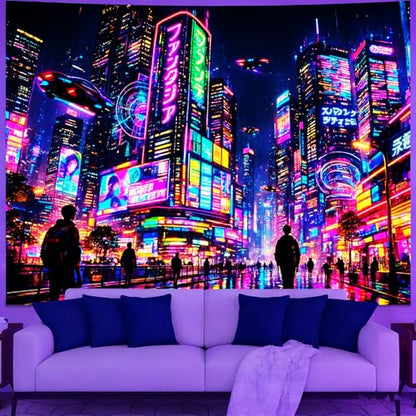 KKYEJLQYIUV Reactive Tapestry, Black Light Neon Wall Tapestry, Luminous Space Tapestry, Bedroom, Living Room, Game Room Decoration Large Tapestry, Cyber City - color: City-3