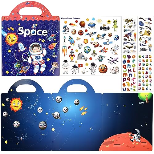 ASTARON Reusable Sticker Book for Toddlers, 88 Pcs Space Stickers Road Trip Activities Car Airplane Activities Travel Toys for Kids, Kids Quiet Time Activities (2-6 Age) - style: Space
