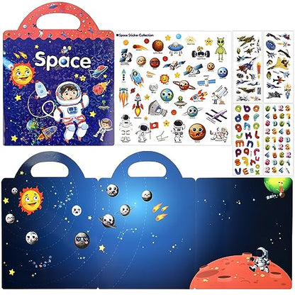 ASTARON Reusable Sticker Book for Toddlers, 88 Pcs Space Stickers Road Trip Activities Car Airplane Activities Travel Toys for Kids, Kids Quiet Time Activities (2-6 Age) - style: Space