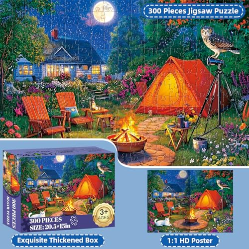 300 Pieces Puzzles for Adults,Moonlight Backyard Camping Puzzle,300 Pieces Puzzle for Adults Large Piece,Cute Cat Jigsaw Puzzles for Kids Ages 8-10,Gifts for Christmas Family Games Lovers 20.5 x 15 in - style: Backyard