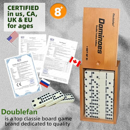 Doublefan Double 12 Dominoes for Adults, 91 Tiles with Prime Wood Case | For 2-8 players,91 Ivory Domino tiles, Metal spinners, portable wood case, family game, board game, Parent Gift choice - style: Double Twelve