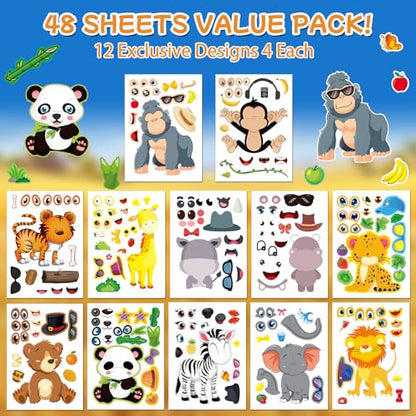 Aowplc 48 Make A Safari Animal Sticker Sheets - Jungle & Zoo Party Favors Supplies - Fun Craft Activities for Kids Ages 3+ - style: Safari Animals