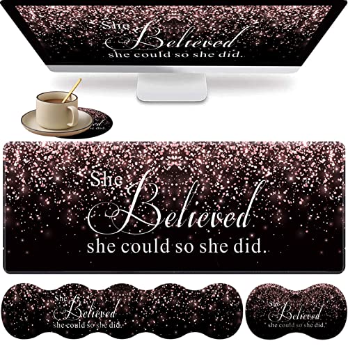 Large Gaming Mouse Pad, Keyboard Wrist Rest + Mouse Wrist Pad + Coaster Combination Set, Memory Sponge Non-Slip Base. Suitable for Office and Home, She Believed She Could So She Did - color: Fok-fo1-mouse -020