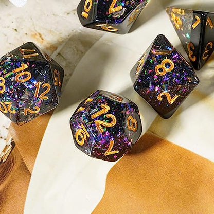Black DND Dice Set Foil Polyhedral Dice Set D&D for Tabletop Games | Leather Storage Bag, DM Gift, for Dungeons and Dragons Role Playing Games - color: Black