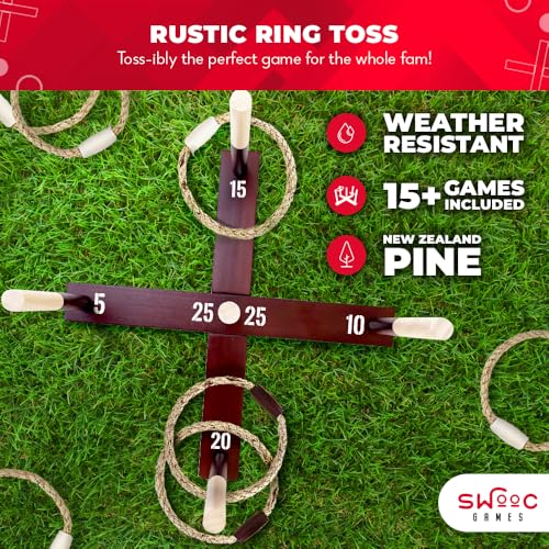 Swooc Games - Rustic Ring Toss Game (All Weather) - Easy Setup & Extra Games Included - Ring Toss Game for Adults - Outdoor Activities for Adults - Yard Toys for Kids - Backyard Fun - Outdoor Party - size: Standard