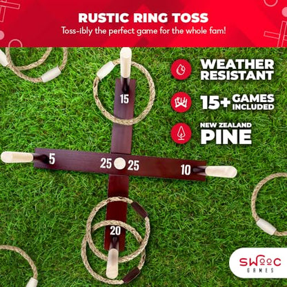 Swooc Games - Rustic Ring Toss Game (All Weather) - Easy Setup & Extra Games Included - Ring Toss Game for Adults - Outdoor Activities for Adults - Yard Toys for Kids - Backyard Fun - Outdoor Party - size: Standard
