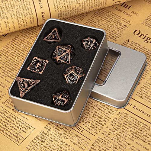 DND Dice,Hollow D&D Metal Dice,Dungeons and Dragons Dice Set with Gift Box,7 PCs Steampunk Polyhedral Dice Games Set for RPG,MTG,Pathfinder, - color: Dragon Copper