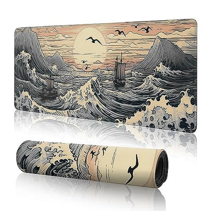 Japanese Sea Waves Large Gaming Mouse Pad,XL Mouse Pad Gaming Mouse Mat Desk Pad,31.5 x 11.8in Desk Mat Anime Mouse Pads for Desk,Extended Keyboard Pad Mousepad with Non-Slip Base and Stitched Edge - color: Japanese Waves