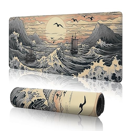 Japanese Sea Waves Large Gaming Mouse Pad,XL Mouse Pad Gaming Mouse Mat Desk Pad,31.5 x 11.8in Desk Mat Anime Mouse Pads for Desk,Extended Keyboard Pad Mousepad with Non-Slip Base and Stitched Edge - color: Japanese Waves