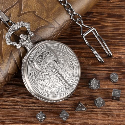 Mini DND Dice Set With Steampunk Barbarian Axe Pocket Watch Shell Case, 7pcs Polyhedral Metal Dice Set, D&D Gifts With Gift Box, Role Playing Board Games Accessories, Dark Silver - color: Dark Silver